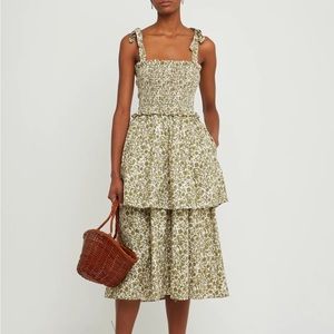 Green Floral Cotton Tiered Midi Dress